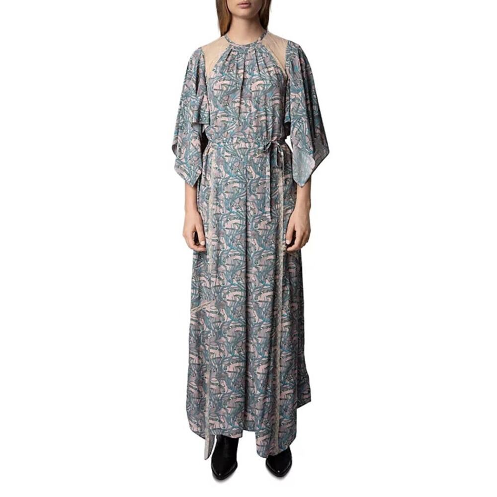 Zadig & Voltaire Silk Lace Blend Chain Print Maxi Dress Long Sleeves Size L NWT - Picture 2 of 12